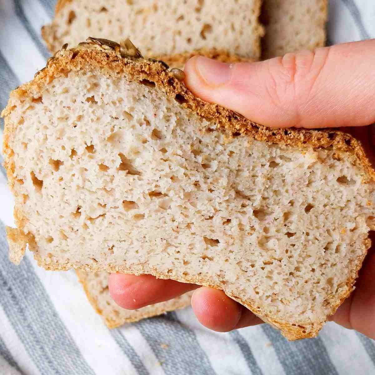 A slice of sorghum bread squished.