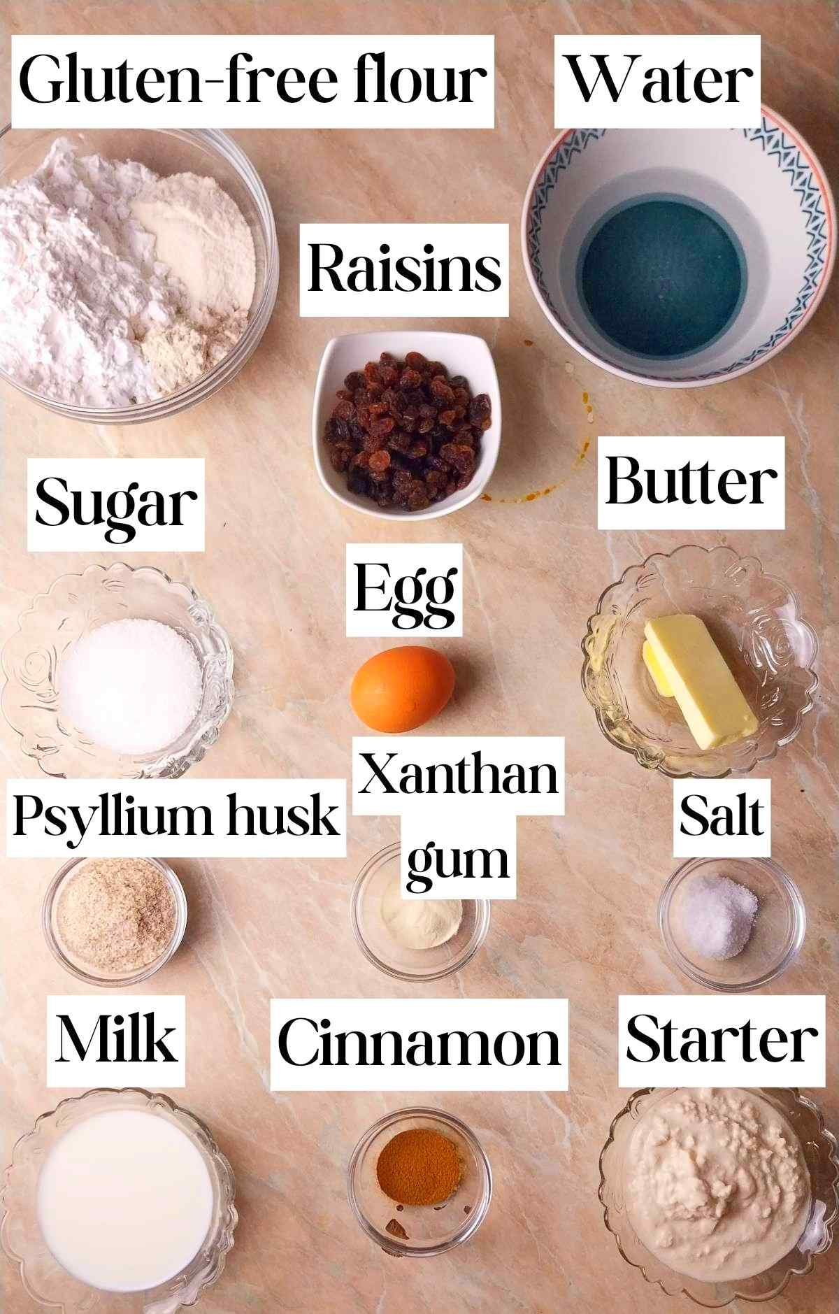 Ingredients for the hot cross buns on the kitchen counter.