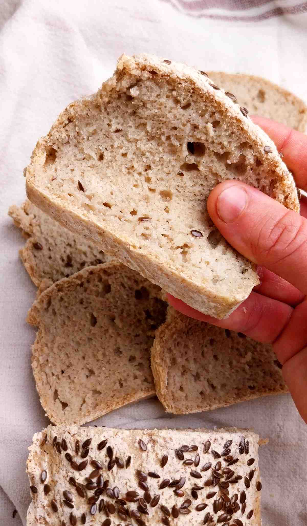 A slice of yeast free bread.