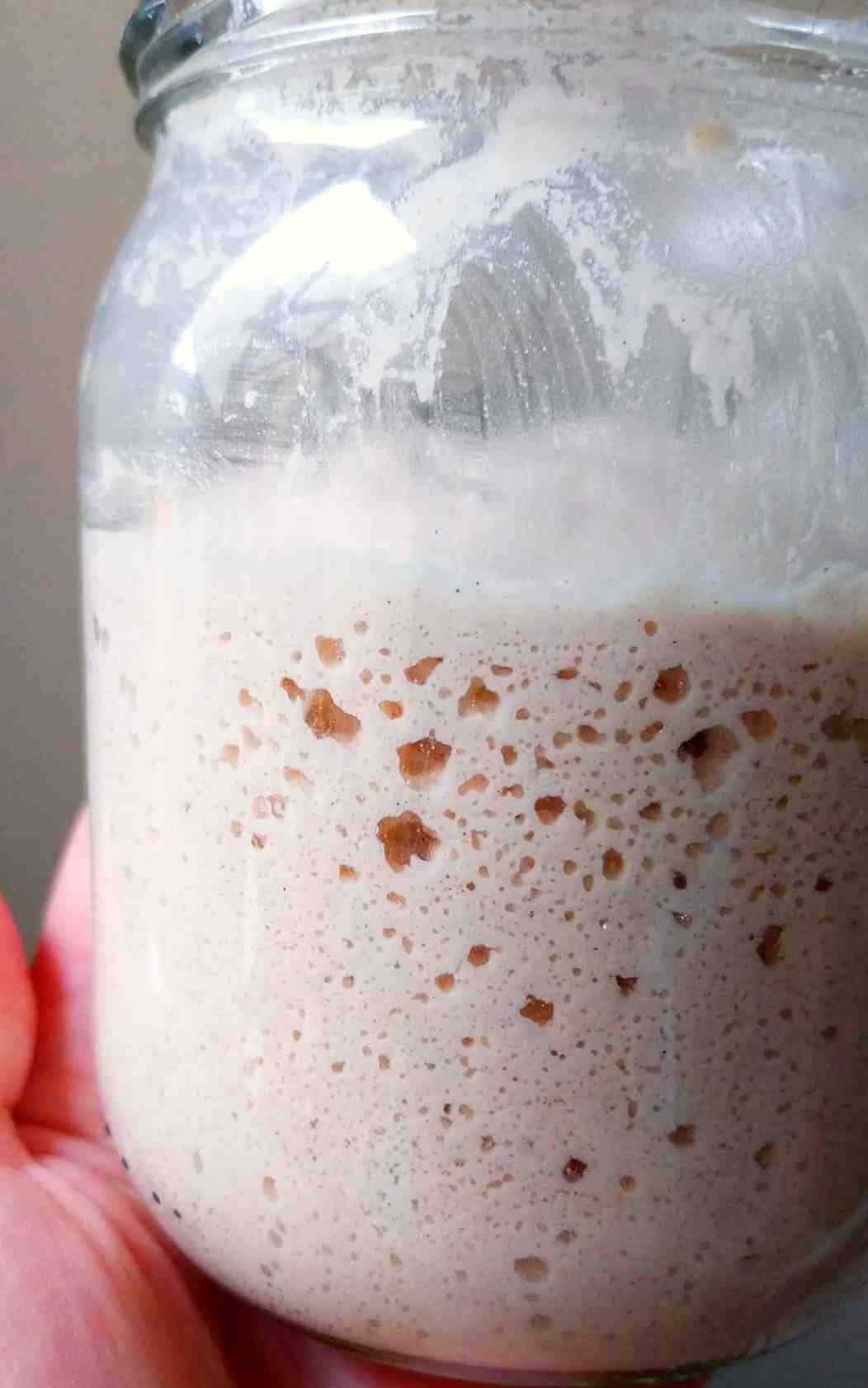 A jar with bubbly sourdough starter.