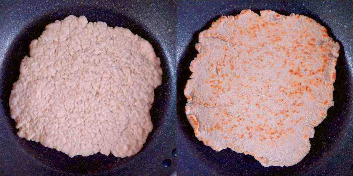 Two pictures of a flatbread in a frying pan.