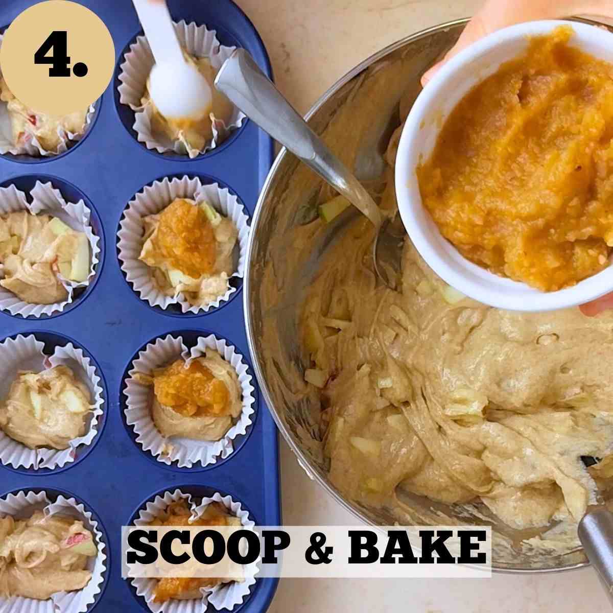 Muffin tin filled with dough and the mixing bowl next to it.