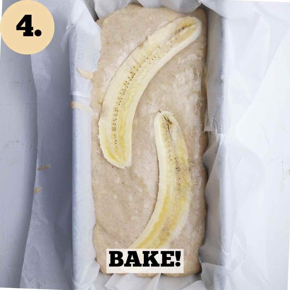 Banana bread batter in a baking pan with banana slices on top.