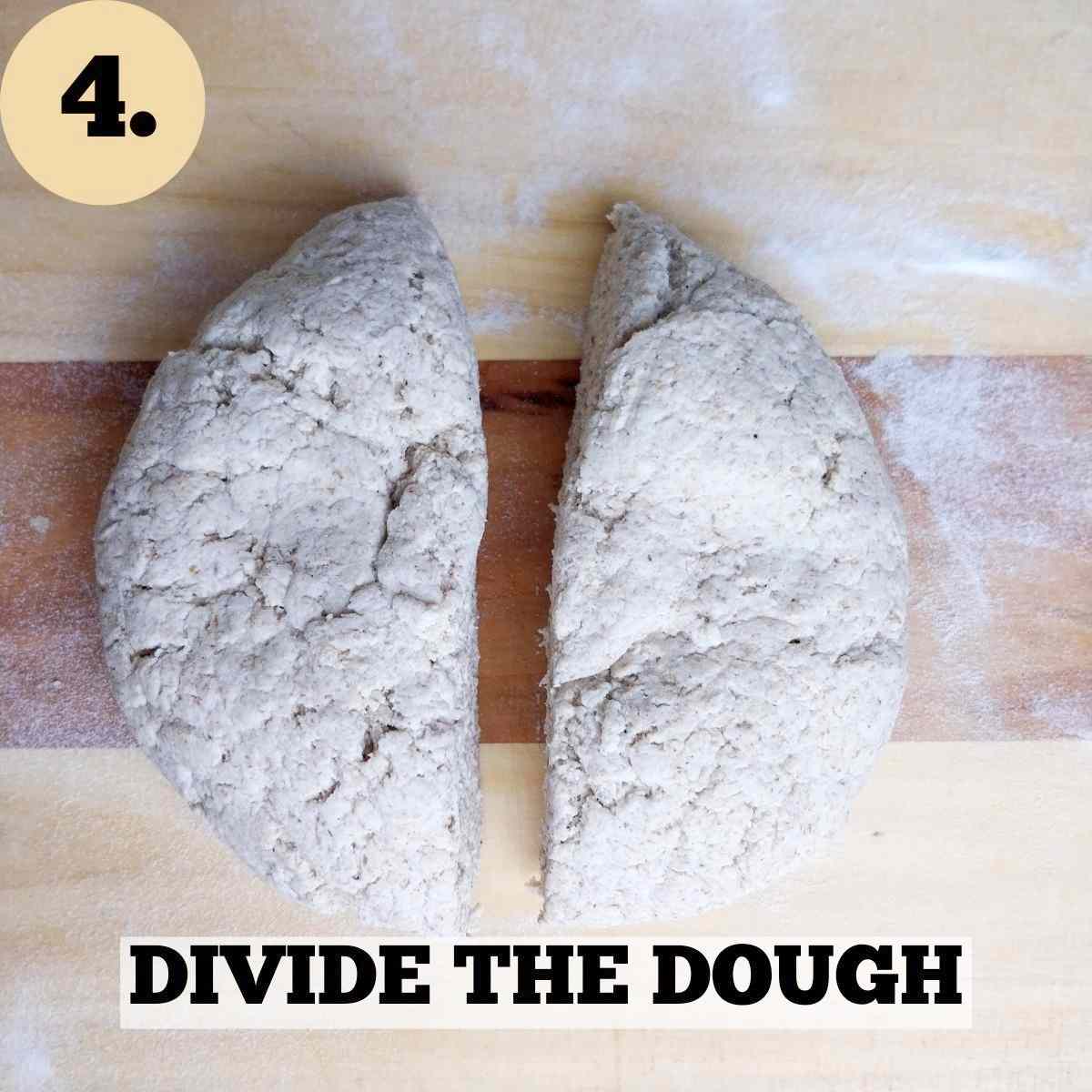 The dough divided in two parts on a wooden board.