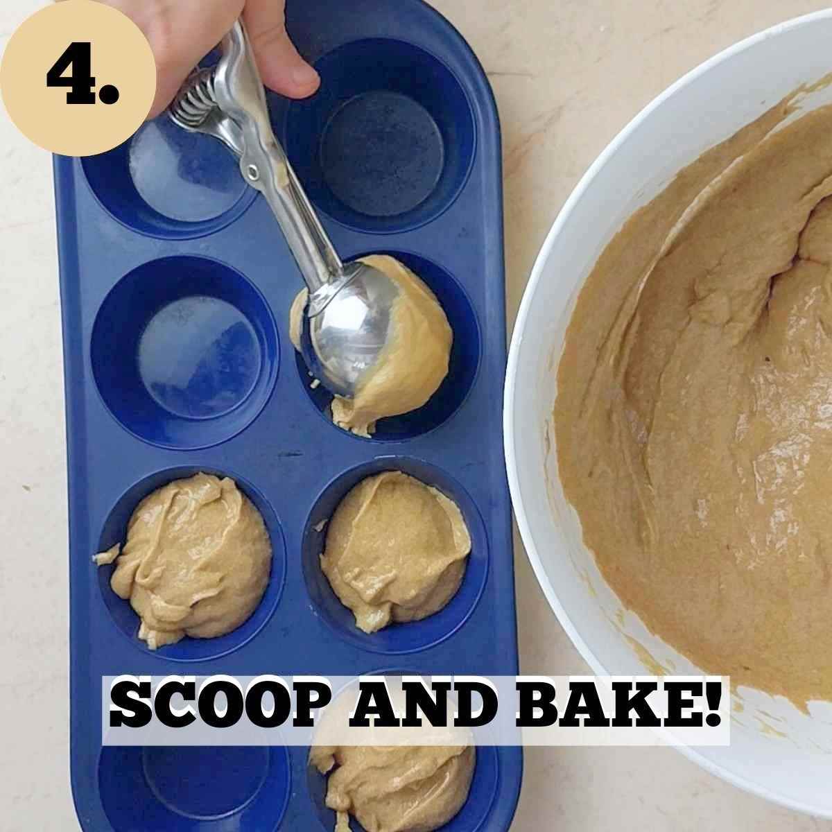 Scooping the muffin batter into the muffin tins.