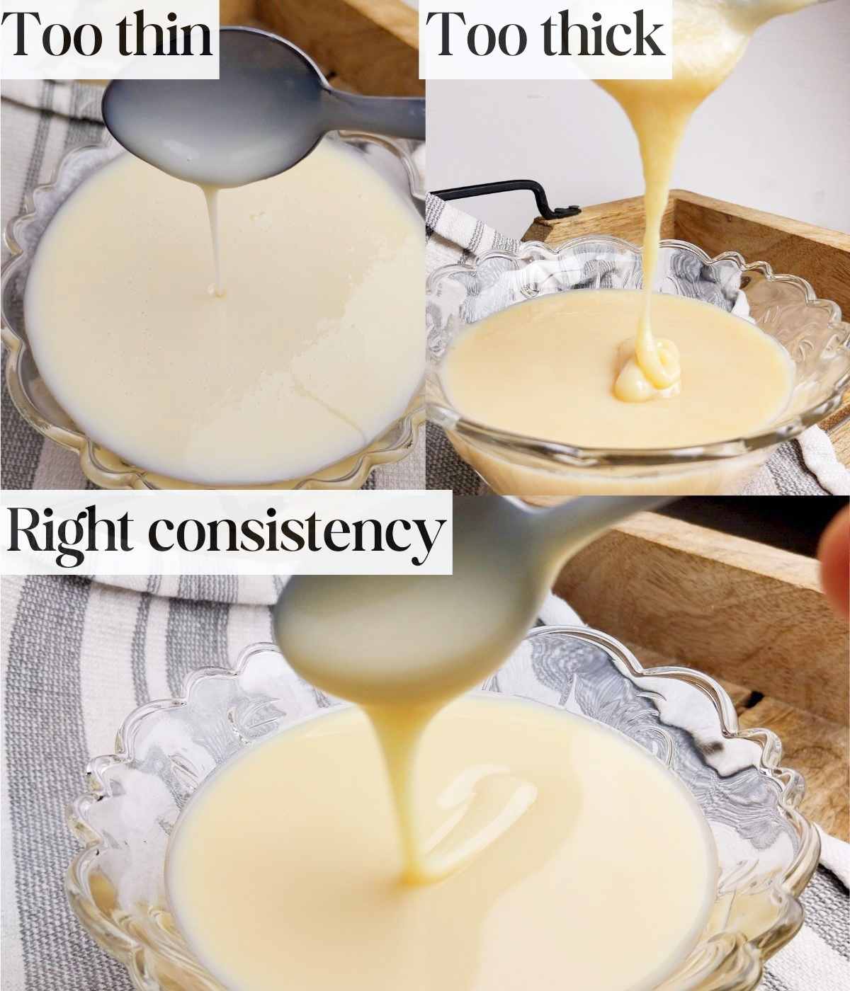 Three pictures showing consistency of condensed milk when undercooked, overcooked, and just right.