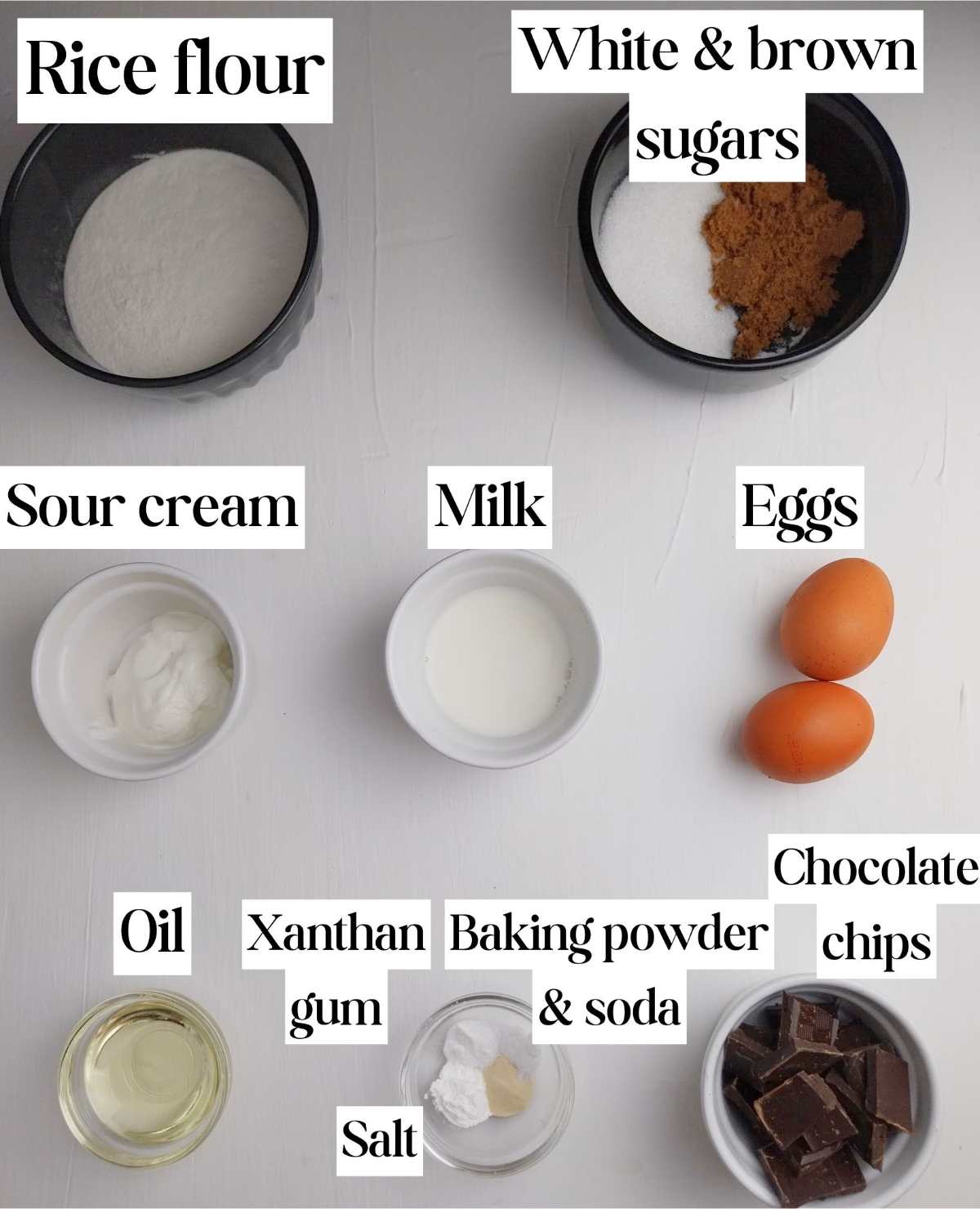 Ingredients for rice muffins on a white surface.