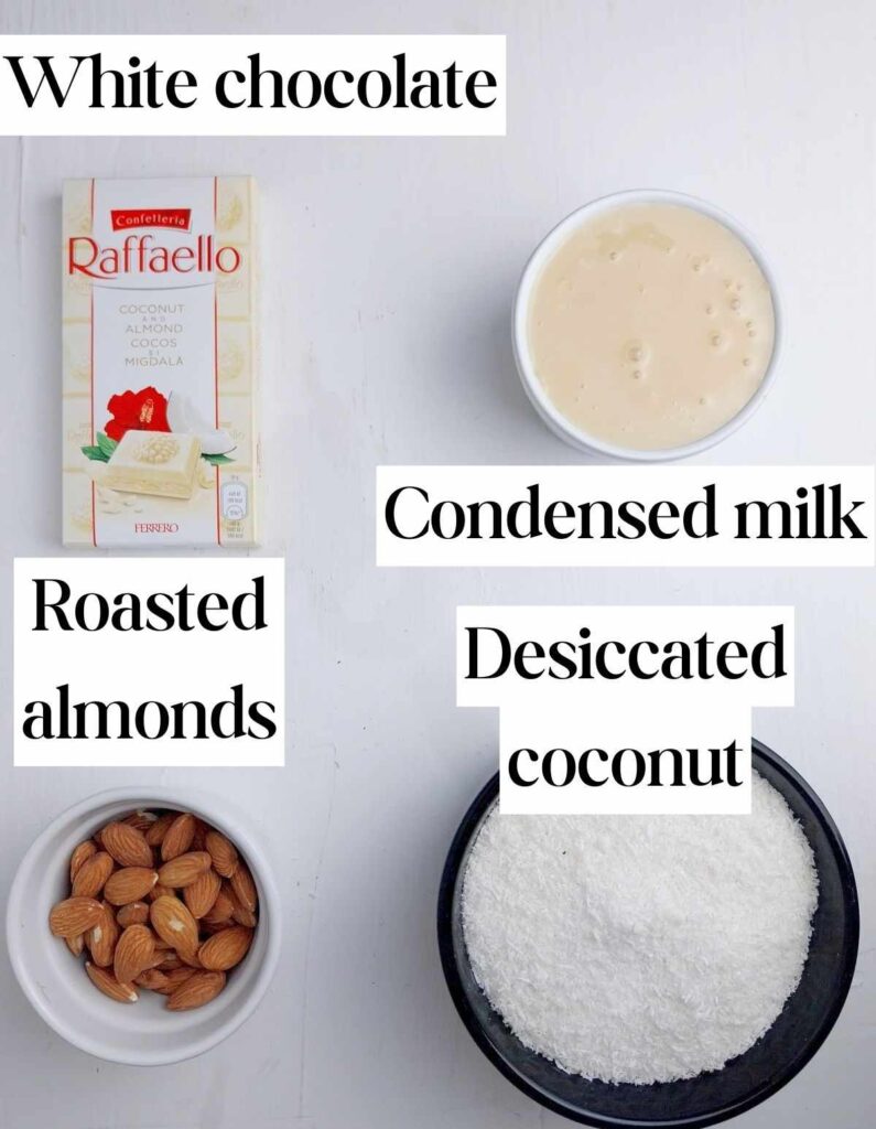 Ingredients for Raffaello on a white background.