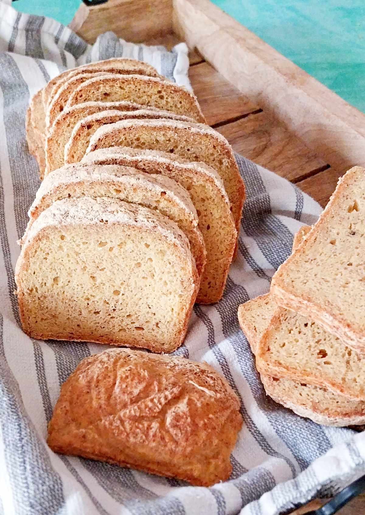Corn flour bread sliced on a kitchen towel.