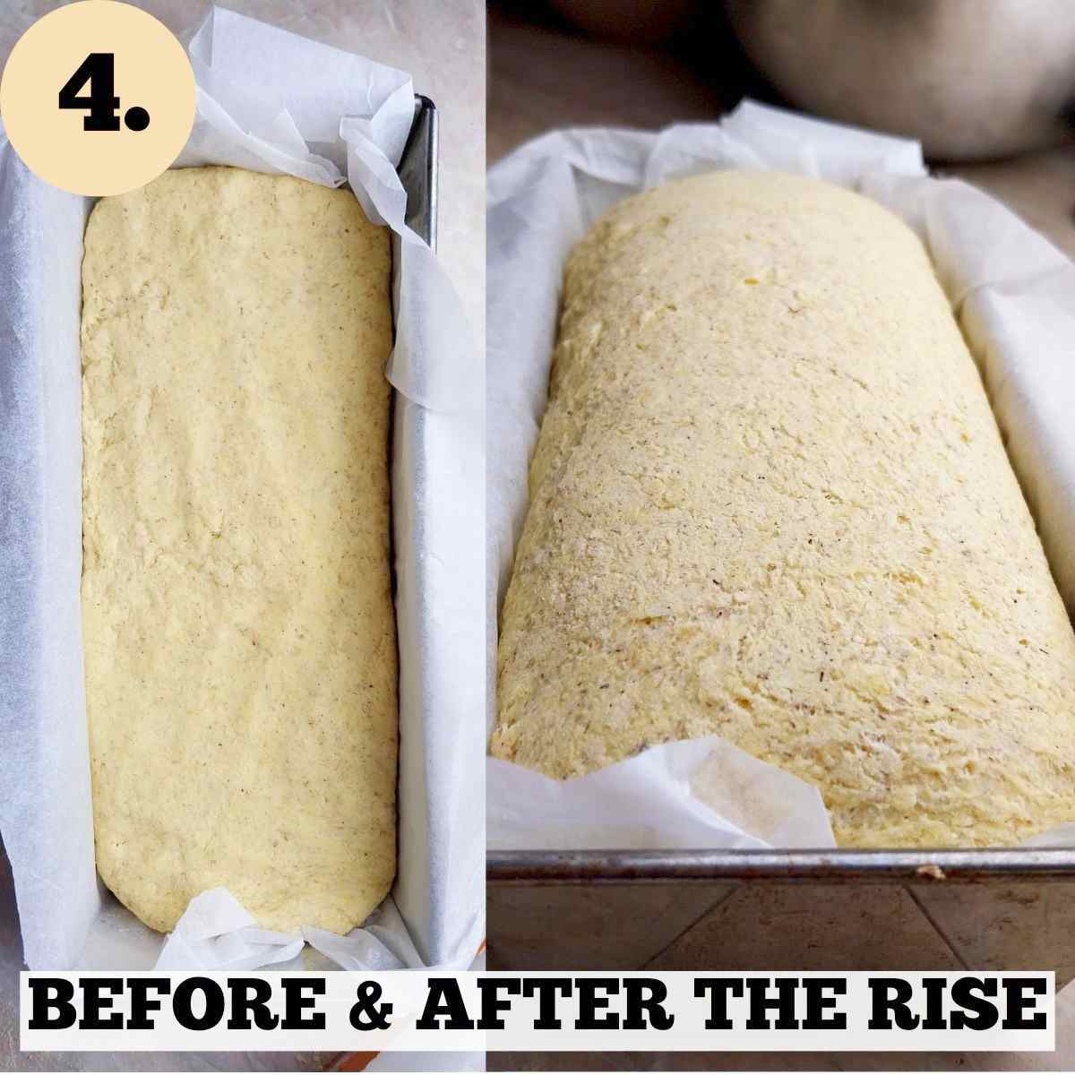 Two pictures showing the loaf before and after the rise in a baking pan lined with parchment paper. 
