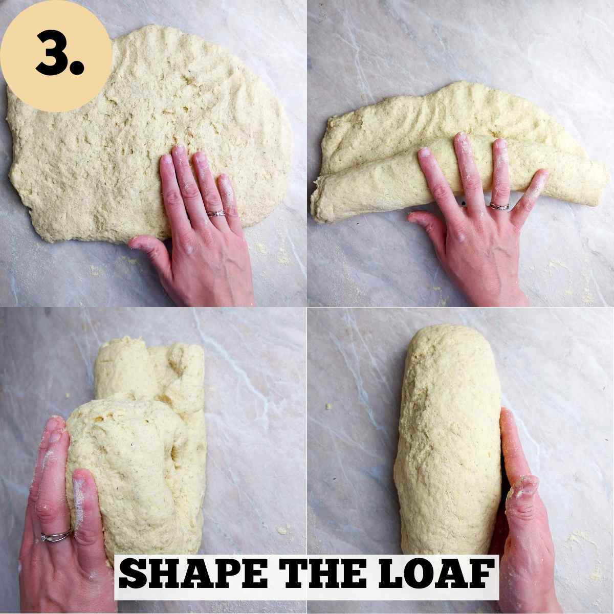 Four steps of shaping corn flour loaf on a kitchen counter.