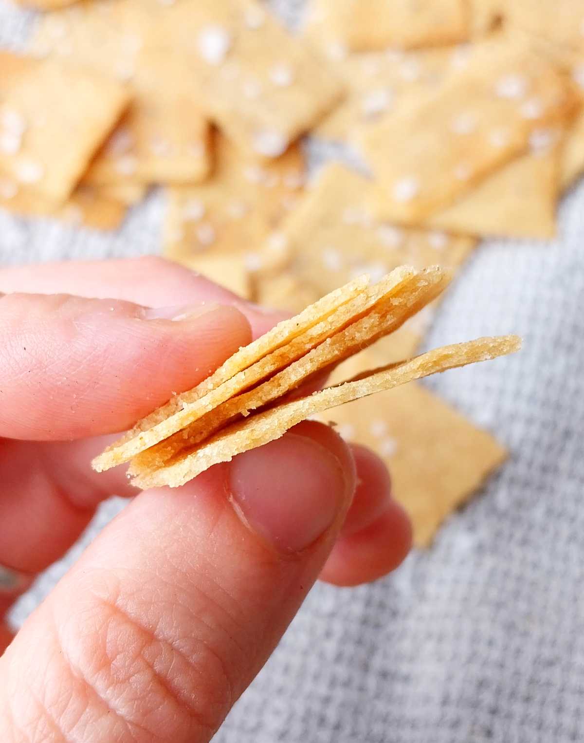 A little stack of cassava crackers in a hand with the rest of the crackers in the background.