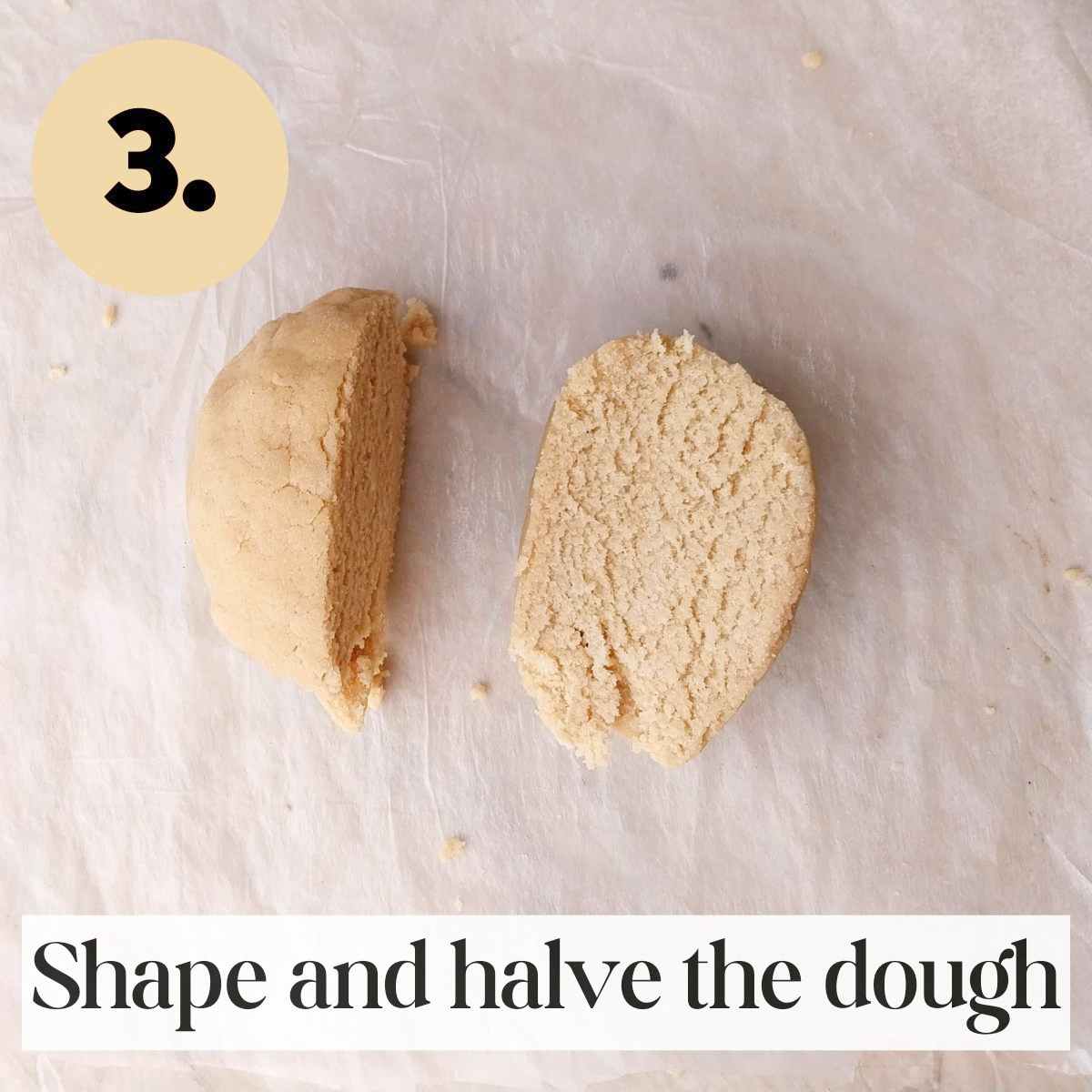 Halved cassava dough on a white parchment paper.