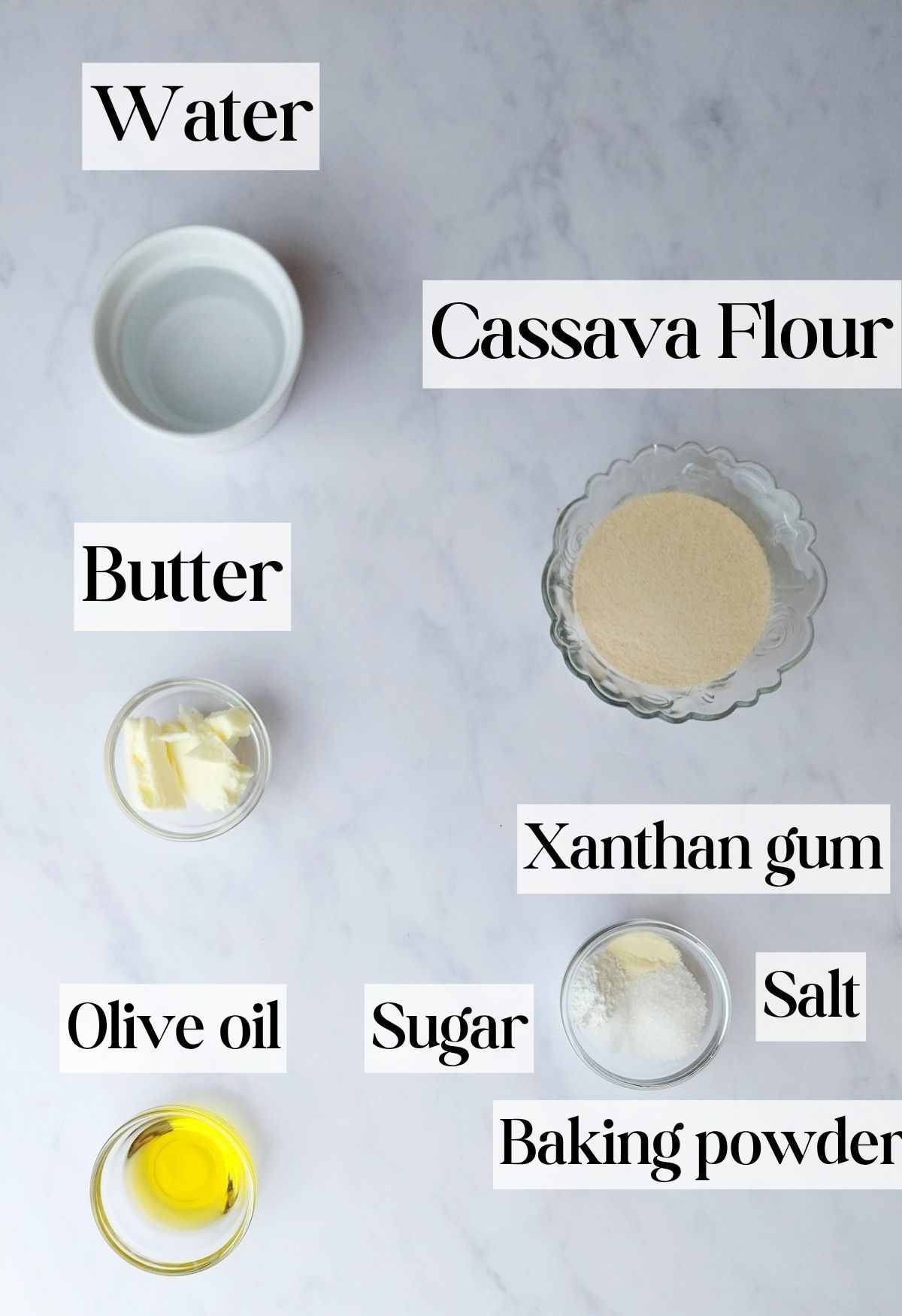 Ingredients for cassava cracker on a white background.