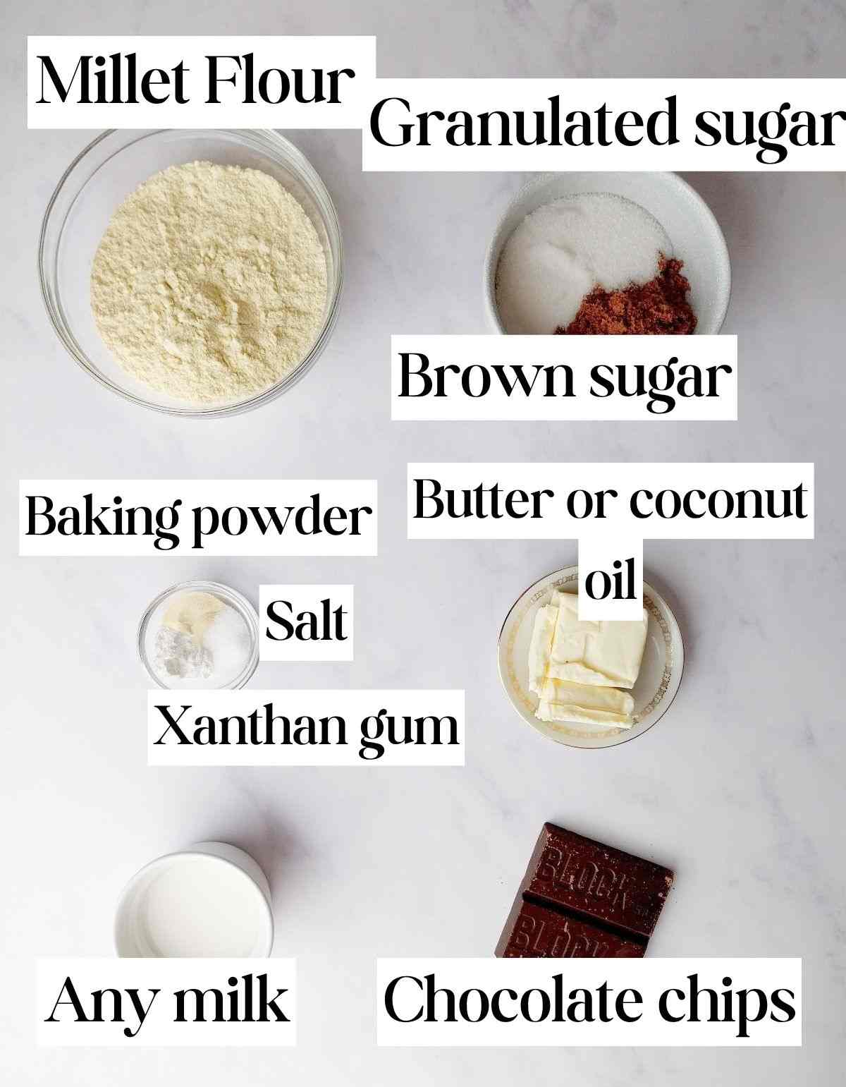 Ingredients for millet cookies on a white background with labels.