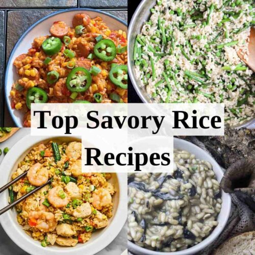 A collage of four savory rice dishes.