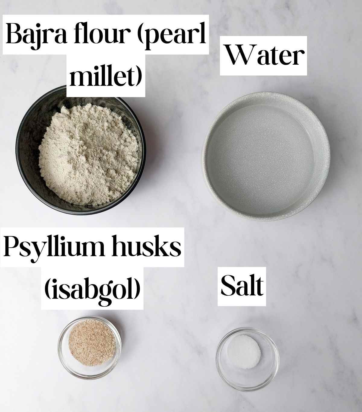 Ingredients for bajra flour roti on a white surface.