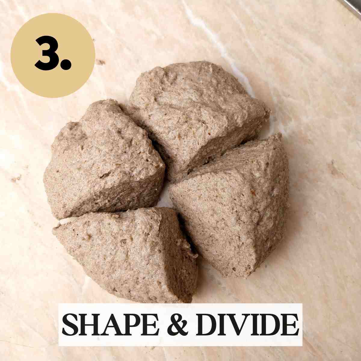 Divided ragi dough on a light working surface.