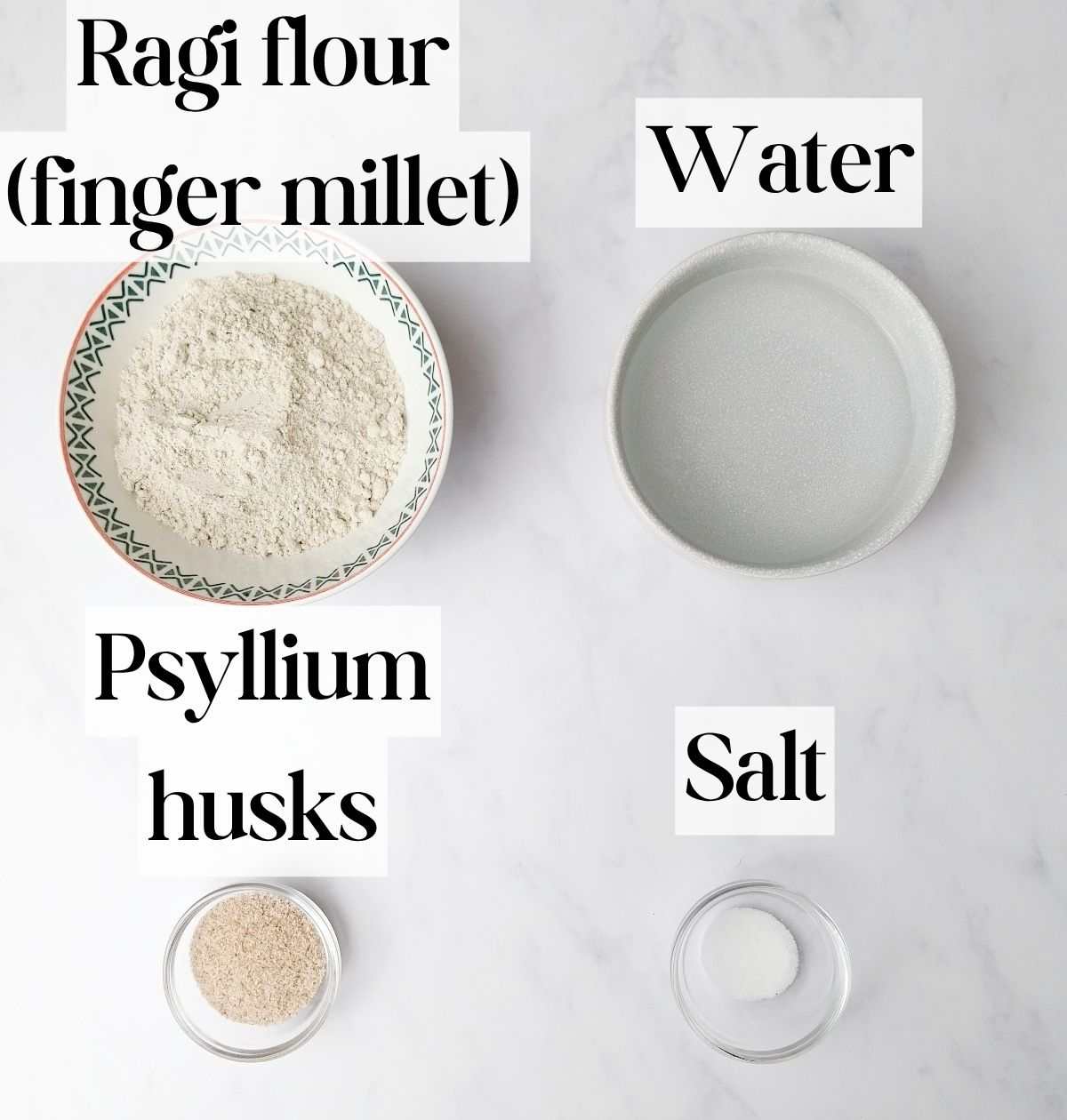 Ingredients for ragi roti on a light surface.