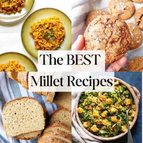 Four pictures of millet recipes in a collage.