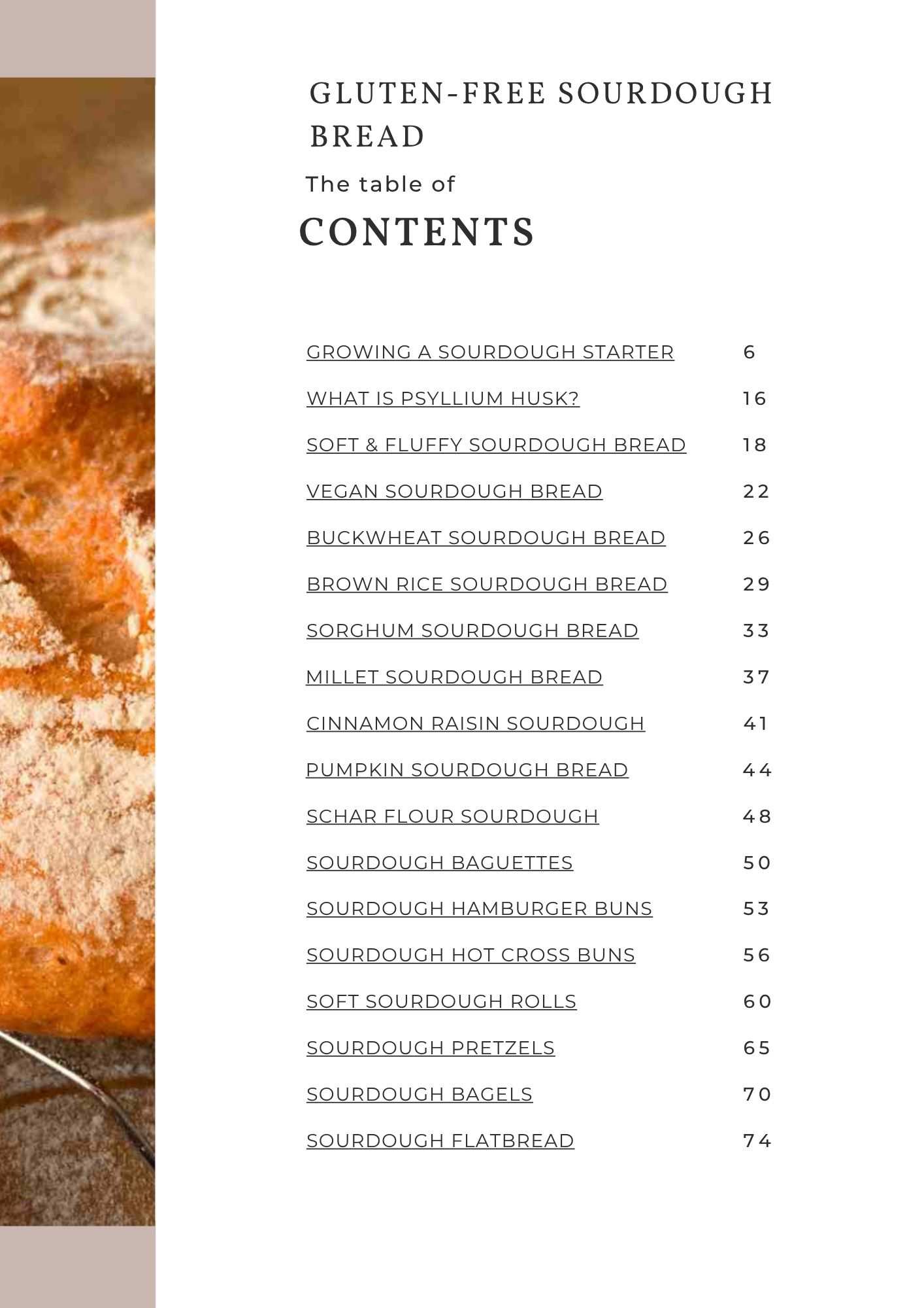Contents of a gluten-free sourdough ebook.